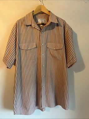 Crazy Cowboy Short Sleeve Stripe Button-Up Shirt - Tan & White XXL